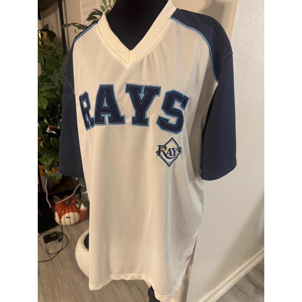 Stitches Tampa Bay Rays MLB Jersey Mens Large White Navy Mesh V-Neck Baseball